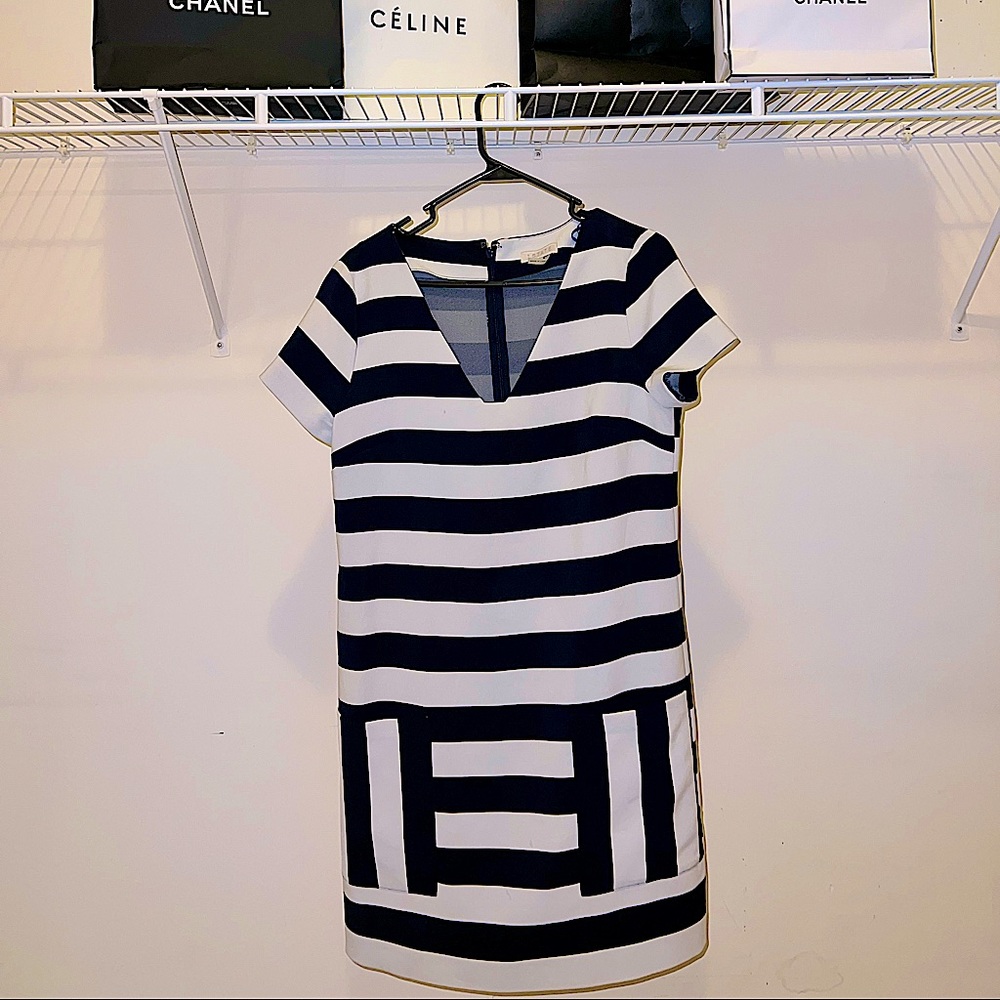 1. State Navy and White Stripe Patch Pocket Shift Mini Dress
